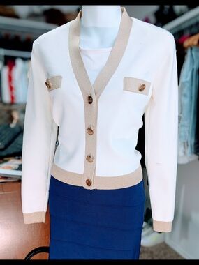 Michael Kors Cream Cardigan with Tan Trim and Navy Accent